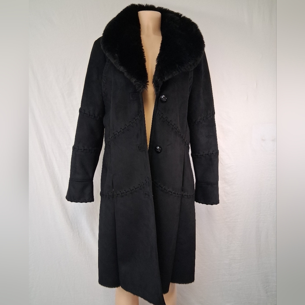 Coldwater Creek Elegant Black Trench Coat with Plush Collar - Picture 16 of 16